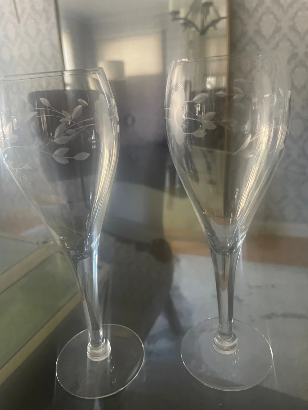 Princess House Clear Etched Champagne Flutes with Leaf Motif - Pair